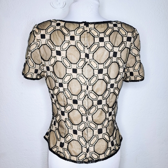 Adrianna Papell Evening Beaded Blouse Sz M 100% Silk Black Gold Geometric Top - Picture 9 of 15